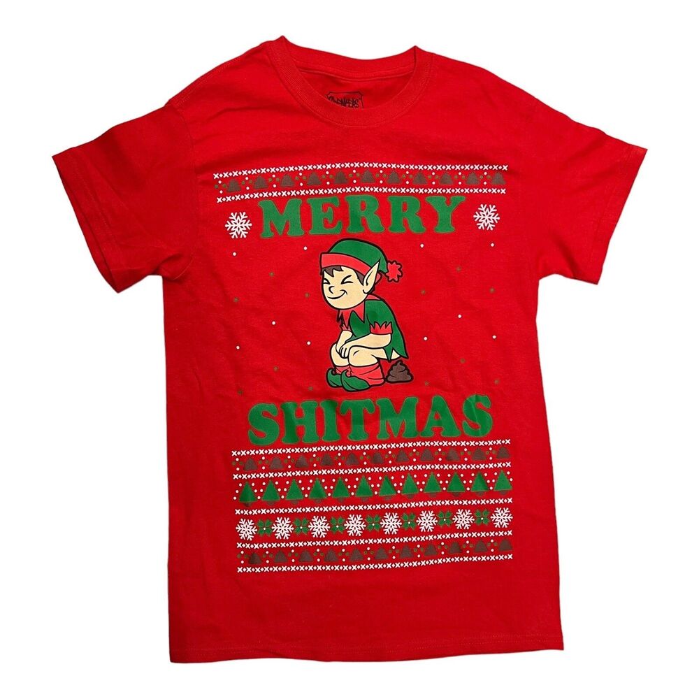 Merry Shitmas Elf Shirt Mens Small Red Funny Christmas Graphic Tee Novelty Humor - Picture 3 of 8